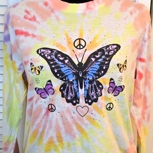 No Boundaries Juniors XS (1) Long Sleeve Tie Dye Graphic Rainbow Butterflies